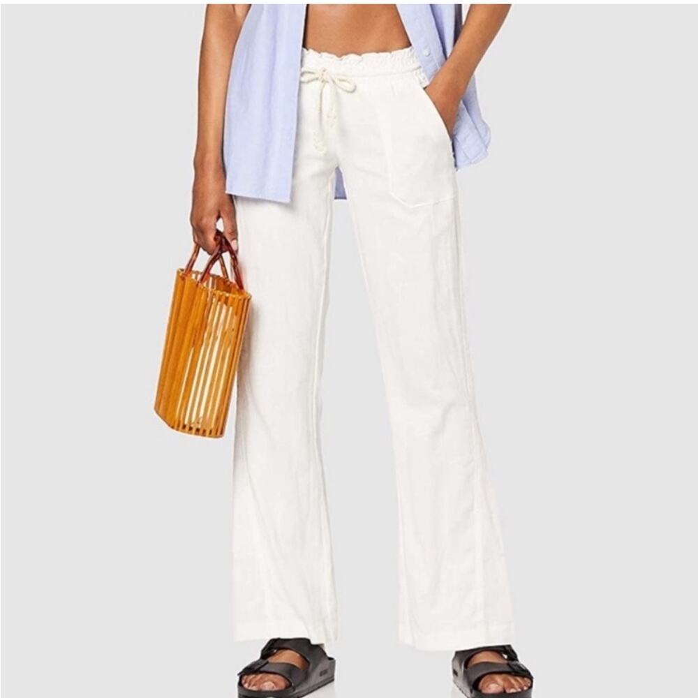 Roxy Oceanside Pants Khaki Beige Tan Loose Low Rise Cargo Linen Trouser Size XL
